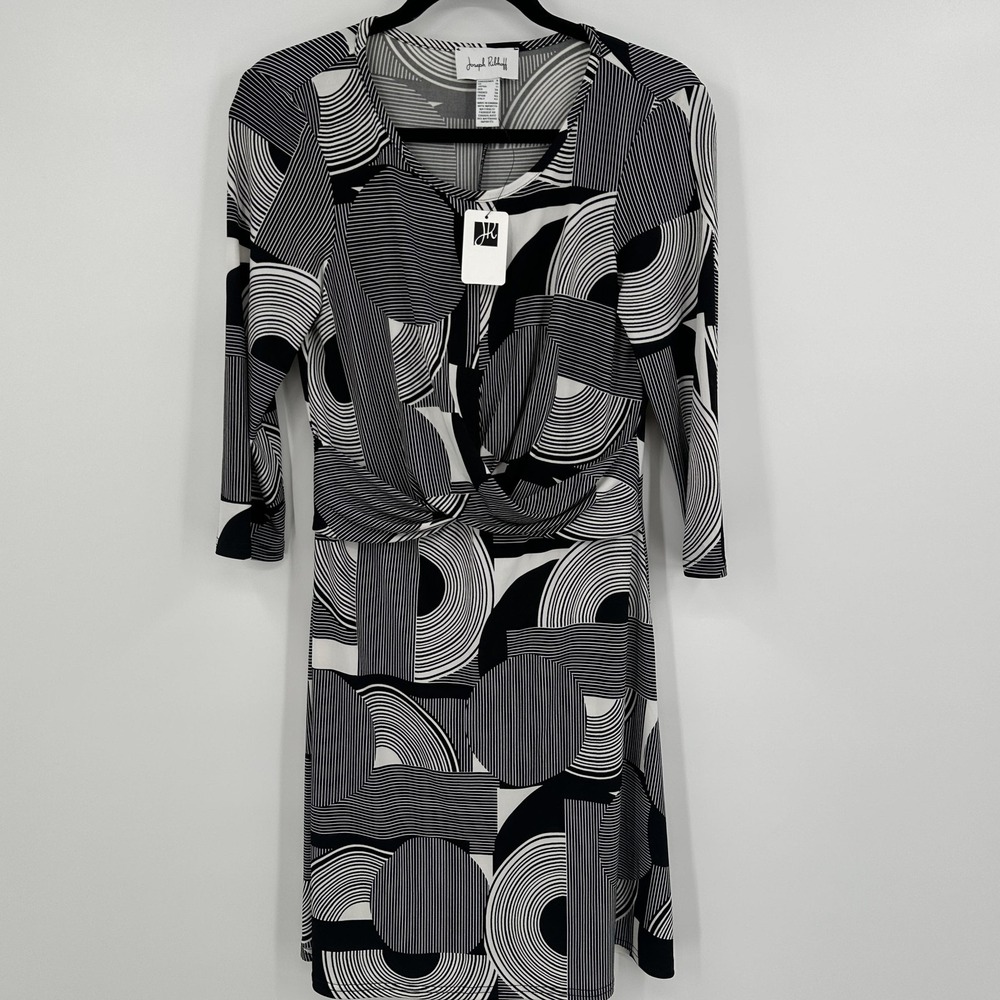 Joseph Ribkoff Dress Womens 8 Black White Geometric Print Knot Front 3/4 Sleeve‎
